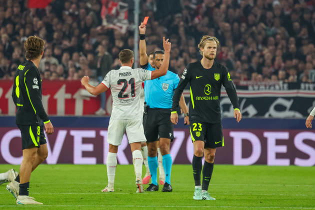 20.10.26 VfB Stuttgart - Atletico Madrid Deutschland, Stuttgart, 20.10.2026, Fussball, UEFA Champions League, Saison 2026 2027, VfB Stuttgart - Atletico Madrid: Morten Hjulmand (Atletico Madrid); rote Karte.