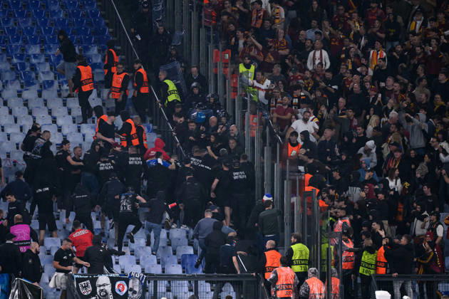 Clashes between Slovan fans and italian Police during the UEFA Champions League 2026 2027 football match between AS Roma and Slovan Bratislava at Stadio Olimpico in Rome (Italy), October 20, 2026. AndreaxStaccioli