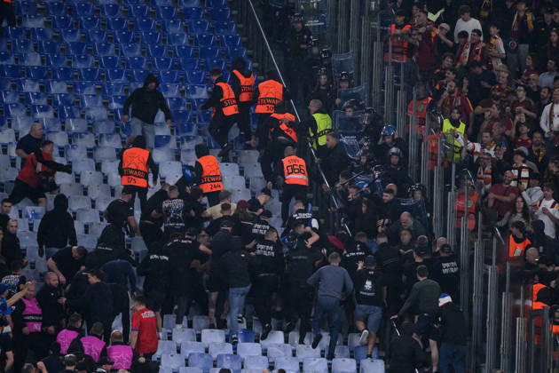 Clashes between Slovan fans and italian Police during the UEFA Champions League 2026 2027 football match between AS Roma and Slovan Bratislava at Stadio Olimpico in Rome (Italy), October 20, 2026. AndreaxStaccioli