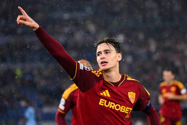 Niccolo Pisilli of AS Roma celebrates after scoring the goal of 3-0 during the UEFA Champions League 2026 2027 football match between AS Roma and Slovan Bratislava at Stadio Olimpico in Rome (Italy), October 20, 2026. AndreaxStaccioli