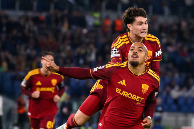 Donyell Malen of AS Roma celebrates with Matias Soule after scoring the goal of 4-0 during the UEFA Champions League 2026 2027 football match between AS Roma and Slovan Bratislava at Stadio Olimpico in Rome (Italy), October 20, 2026. AndreaxStaccioli