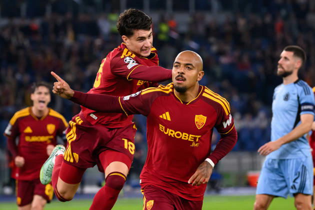 Donyell Malen of AS Roma celebrates with Matias Soule after scoring the goal of 4-0 during the UEFA Champions League 2026 2027 football match between AS Roma and Slovan Bratislava at Stadio Olimpico in Rome (Italy), October 20, 2026. AndreaxStaccioli