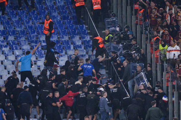 Clashes between Slovan fans and italian Police during the UEFA Champions League 2026 2027 football match between AS Roma and Slovan Bratislava at Stadio Olimpico in Rome (Italy), October 20, 2026. AndreaxStaccioli