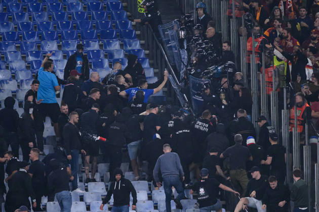Clashes between Slovan fans and italian Police during the UEFA Champions League 2026 2027 football match between AS Roma and Slovan Bratislava at Stadio Olimpico in Rome (Italy), October 20, 2026. AndreaxStaccioli