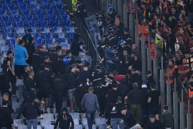 Clashes between Slovan fans and italian Police during the UEFA Champions League 2026 2027 football match between AS Roma and Slovan Bratislava at Stadio Olimpico in Rome (Italy), October 20, 2026. AndreaxStaccioli