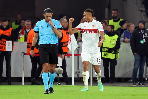 20.10.2026, xrekx, Fussball UEFA Champions League, VfB Stuttgart - Atletico Madrid v.l. Torjubel nach dem Tor zum celebrating the goal celebrate 1:0 durch Jamie Leweling (VfB Stuttgart) Stuttgart