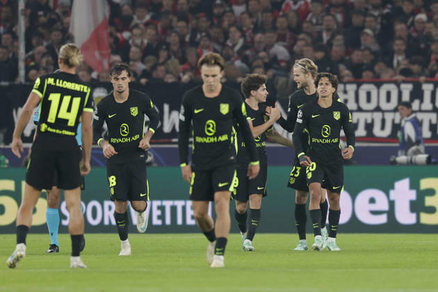Im Bild: Jubel nach dem Tor zum 1:1 bei den Madrid-Spielern 20.10.2026, VfB Stuttgart - Atletico Madrid, UEFA Champions League, 3. Spieltag, Deutschland, Stuttgart, MHP Arena, DFL REGULATIONS PROHIBIT ANY USE OF PHOTOGRAPHS AS IMAGE SEQUENCES AND OR QUASI-VIDEO. Copyright: HMBxMedia xJulienxBecker