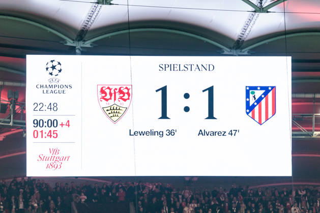 STUTTGART, GERMANY - OCTOBER 20: Final score - screen - 1:1 after the UEFA Champions League match between VfB Stuttgart vs. Atletico de Madrid at Arena Stuttgart on matchday 3 of the UEFA Champions League on October 20, 2026 in Stuttgart, Germany. Baden-Wuerttemberg Germany Copyright: xSteffiexWunderlx