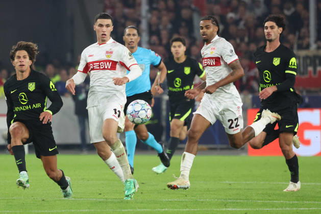 20.10.2026, xrekx, Fussball UEFA Champions League, VfB Stuttgart - Atletico Madrid v.l. Giuliano Simeone (AtlÃ tico Madrid) Bilal El Khannouss (VfB Stuttgart) Stuttgart