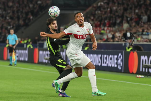 Stuttgart 20.10.2026. Pilka nozna Liga Mistrzow UEFA sezon 2026 2027 kolejka 3 mecz: VfB Stuttgart - Atletico Madryt --- Football UEFA Champions League season 2025 2026 round 3 match: VfB Stuttgart - Atletico de Madrid nz Jamie Leweling, Alex Baena Fot. Kacper Staniec NEWSPIX.PL --- newspix.pl 
