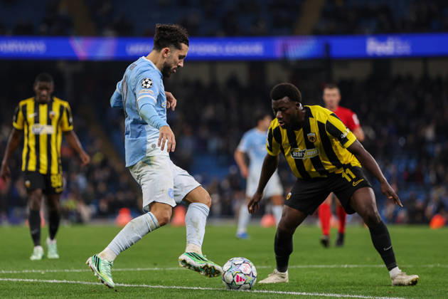 RECORD DATE NOT STATED 20th October 2026; Etihad Stadium, Manchester, England; UEFA Champions League Football, Manchester City versus AEK Athens; Rayan Cherki of Manchester City takes on Aboubakary Koita of AEK Athens AidanxHunter