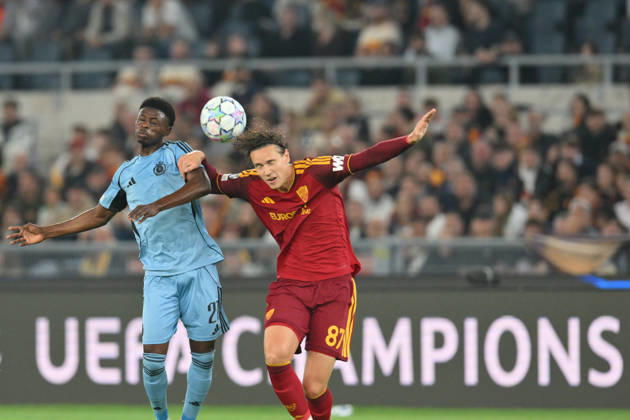 RECORD DATE NOT STATED 20th October 2026; Stadio Olimpico, Rome, Italy; UEFA Champions League Football, Roma versus Slovan Bratislava; Suleiman Camara of Slovan Bratislava under pressure from Daniele Ghilardi of Roma AllShotLive
