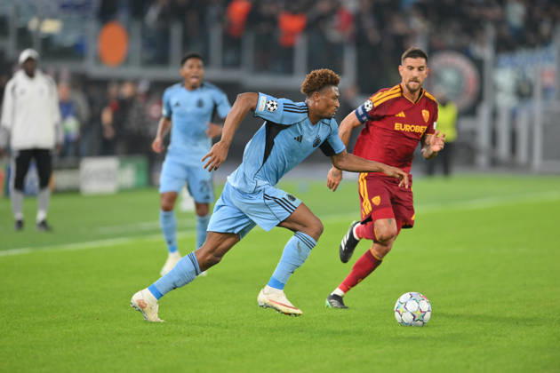 RECORD DATE NOT STATED 20th October 2026; Stadio Olimpico, Rome, Italy; UEFA Champions League Football, Roma versus Slovan Bratislava; Lorenzo Pellegrini of Roma under pressure from Rahim Ibrahim of Slovan Bratislava AllShotLive