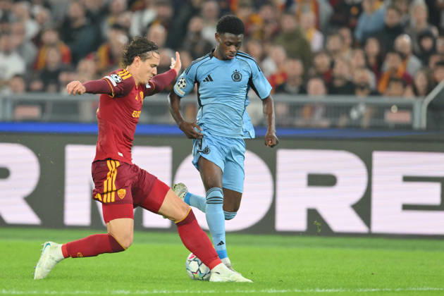 RECORD DATE NOT STATED 20th October 2026; Stadio Olimpico, Rome, Italy; UEFA Champions League Football, Roma versus Slovan Bratislava; Daniele Ghilardi of Roma under pressure from Suleiman Camara of Slovan Bratislava AllShotLive