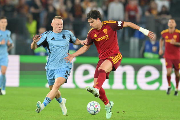 RECORD DATE NOT STATED 20th October 2026; Stadio Olimpico, Rome, Italy; UEFA Champions League Football, Roma versus Slovan Bratislava; Leonardo Balerdi of Roma under pressure from Nino Marcelli of Slovan Bratislava AllShotLive