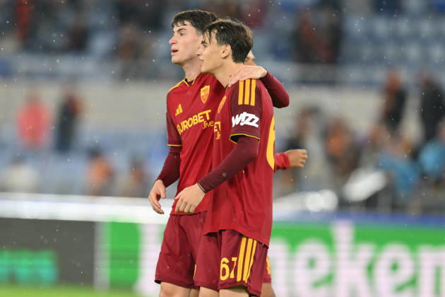 RECORD DATE NOT STATED 20th October 2026; Stadio Olimpico, Rome, Italy; UEFA Champions League Football, Roma versus Slovan Bratislava; Niccolo Pisilli of Roma and Matias Soule of Roma celebrate their victory at the end of the match AllShotLive
