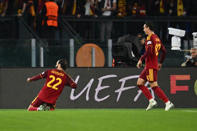 SOCCER - UEFA Champions League - AS Roma vs. Slovan Bratislava Photo by IPA ABACAPRESS.COM89963148 - Mario Hermoso of A.S. Roma celebrates after scoring the goal that made the score 1-0 during the UEFA Champions League Matchday 3 soccer match between A.S. Roma and S.K. Slovan Bratislava at the Olympic Stadium on October 20, 2026, in Rome, Italy. Rome Italy  Copyright: xIPAxSport ABACAx