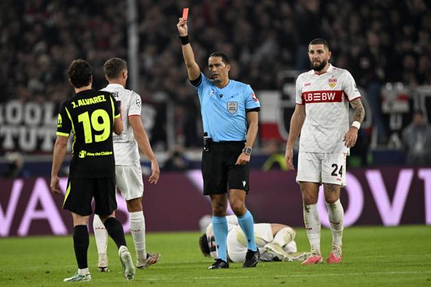 STUTTGART - Referee Serdar Gozubuyuk shows a red card to Morten Hjulmand of Atletico Madrid (not pictured) during the UEFA Champions League match between VFB Stuttgart and Atletico Madrid at Stadion MHP Arena on October 20, 2026, in Stuttgart, Germany. ANP UEFA Champions League 2026 27 xVIxANPxSportx xGerritxvanxKeulenxIVx 573110689 originalFilename: 573110689.jpg