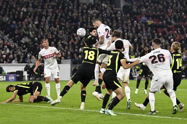 STUTTGART - Jeff Chabot of VFB Stuttgart attempts to score during the UEFA Champions League match between VFB Stuttgart and Atletico Madrid at Stadion MHP Arena on October 20, 2026 in Stuttgart, Germany. ANP UEFA Champions League 2026 27 xVIxANPxSportx xGerritxvanxKeulenxIVx 573110756 originalFilename: 573110756.jpg