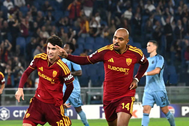 SOCCER - UEFA Champions League - AS Roma vs. Slovan Bratislava Photo by IPA ABACAPRESS.COM89967102 - October 20, 2026 Champions League: Roma vs. Slovan Bratislava In the photo: Malen celebrates with Soule (Photo by Gino Mancini) Roma Italy  Copyright: xIPAxSport ABACAx