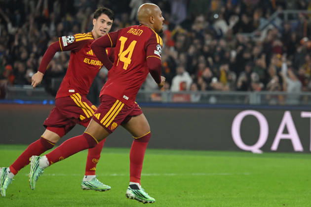 2026,Roma-Slovan Bratislava Donyell Malen of Roma celebrates scoring his goal during the Champions League match Championship phase Matchday 3 Roma-Slovan Bratislava at the Stadio Olimpico. Rome (Italy), October 20, 2026 during the Champions League match Championship phase Matchday 3 Roma-Slovan Bratislava at the Stadio Olimpico. Rome (Italy), October 20, 2026 Imago-images Emmefoto Copyright: xImago-images Emmefotox