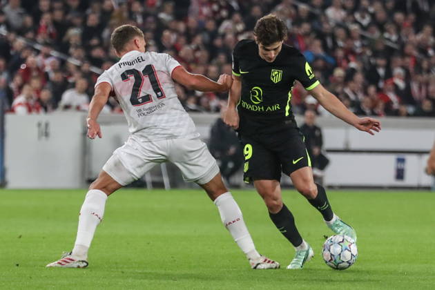 Stuttgart 20.10.2026. Pilka nozna Liga Mistrzow UEFA sezon 2026 2027 kolejka 3 mecz: VfB Stuttgart - Atletico Madryt --- Football UEFA Champions League season 2025 2026 round 3 match: VfB Stuttgart - Atletico de Madrid nz Julian Alvarez Fot. Kacper Staniec NEWSPIX.PL --- newspix.pl 