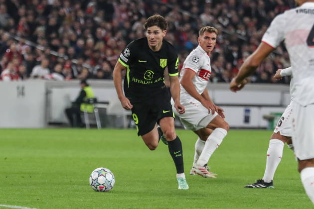 Stuttgart 20.10.2026. Pilka nozna Liga Mistrzow UEFA sezon 2026 2027 kolejka 3 mecz: VfB Stuttgart - Atletico Madryt --- Football UEFA Champions League season 2025 2026 round 3 match: VfB Stuttgart - Atletico de Madrid nz Julian Alvarez Fot. Kacper Staniec NEWSPIX.PL --- newspix.pl
