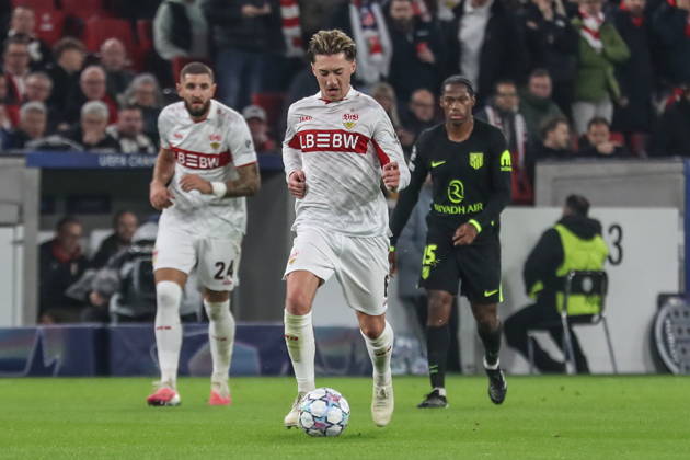 Stuttgart 20.10.2026. Pilka nozna Liga Mistrzow UEFA sezon 2026 2027 kolejka 3 mecz: VfB Stuttgart - Atletico Madryt --- Football UEFA Champions League season 2025 2026 round 3 match: VfB Stuttgart - Atletico de Madrid nz Angelo Stiller Fot. Kacper Staniec NEWSPIX.PL --- newspix.pl