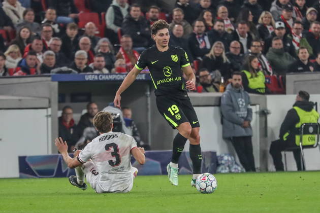 Stuttgart 20.10.2026. Pilka nozna Liga Mistrzow UEFA sezon 2026 2027 kolejka 3 mecz: VfB Stuttgart - Atletico Madryt --- Football UEFA Champions League season 2025 2026 round 3 match: VfB Stuttgart - Atletico de Madrid nz Julian Alvarez Fot. Kacper Staniec NEWSPIX.PL --- newspix.pl
