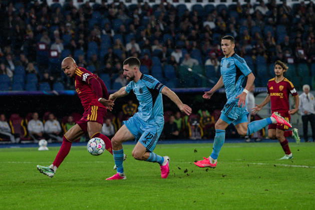 IPA89968657 - Donyell Malen of AS Roma and Kenan Bajric of Slovan Bratislava during the AS Roma vs. Slovan Bratislava UEFA Champions League soccer match in Rome, Italy, on October 20, 2026  Copyright: xRaffaelexConti IPAxSportx xx IPA89968657 IPA89968657