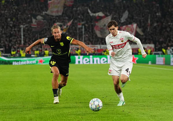 Marcos Llorente (Atleti) and Luca Jaquez (VFB Stuttgart) during VfB Stuttgart and Atlético Madrid, League Phase UEFA Champions League, at MHPArena, Stuttgart, Germany on October 20, 2026. DeFodi Images. -