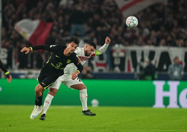 Marc Pubill (Atleti) and Deniz Undav (VFB Stuttgart) during VfB Stuttgart and Atlético Madrid, League Phase UEFA Champions League, at MHPArena, Stuttgart, Germany on October 20, 2026. DeFodi Images. -