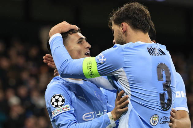 Manchester City v AEK Athens, Champions League Phil Foden (47) of Manchester City celebrates scoring to make it 4-1 with Ruben Dias (3) of Manchester City during the Champions League match between Manchester City and AEK Athens at the Etihad Stadium, Manchester, UK on 20 October 2026. Manchester Etihad Stadium Manchester UK Editorial use only , Copyright: xConorxMolloyx PSI-25037-0140