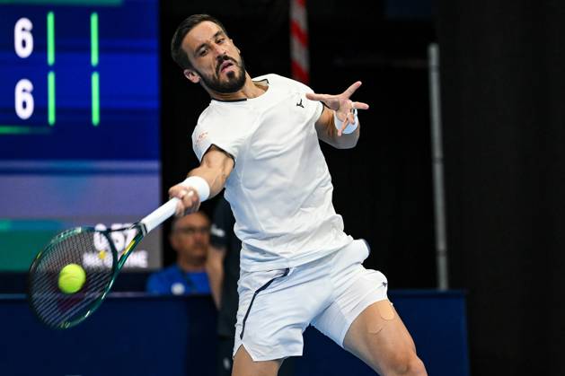 Damir Dzumhur of Bosnia and Herzegovina pictured in action during the European Open ATP, Tennis Herren tennis tournament in Brussels, on 21 October. This year s edition of the tournament is taking place from 17 to 25 October DAVIDxPINTENS  x190475744x