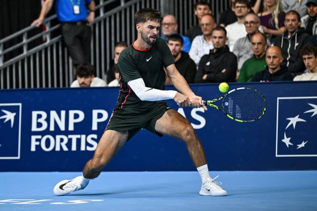 Dino Prizmic of Croatia pictured in action during the European Open ATP, Tennis Herren tennis tournament in Brussels, on 21 October. This year s edition of the tournament is taking place from 17 to 25 October DAVIDxPINTENS  x190475782x