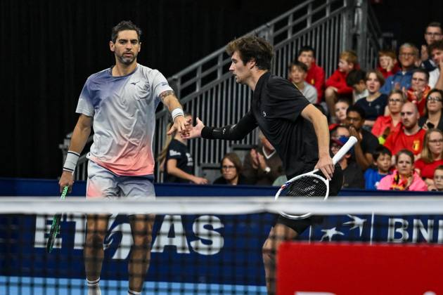 Guido Pella of Argentina, Manuel Guinard of France pictured in action during the European Open ATP, Tennis Herren tennis tournament in Brussels, on 21 October. This year s edition of the tournament is taking place from 17 to 25 October DAVIDxPINTENS  x190499471x