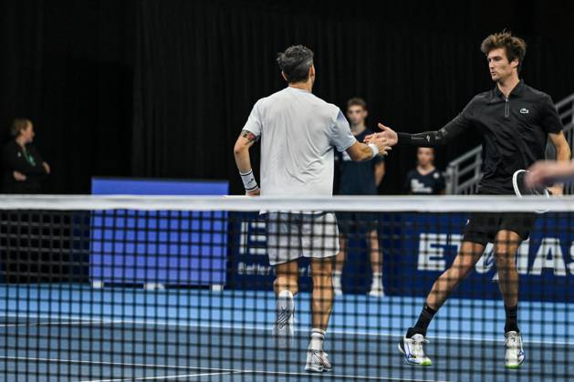 Guido Pella of Argentina, Manuel Guinard of France pictured in action during the European Open ATP, Tennis Herren tennis tournament in Brussels, on 21 October. This year s edition of the tournament is taking place from 17 to 25 October DAVIDxPINTENS  x190499476x