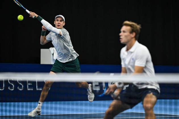 Michael Geerts of Belgium, Joran Vliegen of Belgium pictured in action during the European Open ATP, Tennis Herren tennis tournament in Brussels, on 21 October. This year s edition of the tournament is taking place from 17 to 25 October DAVIDxPINTENS  x190499589x