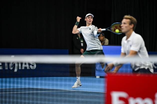 Michael Geerts of Belgium, Joran Vliegen of Belgium pictured in action during the European Open ATP, Tennis Herren tennis tournament in Brussels, on 21 October. This year s edition of the tournament is taking place from 17 to 25 October DAVIDxPINTENS  x190499593x