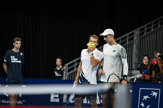 Michael Geerts of Belgium, Joran Vliegen of Belgium pictured in action during the European Open ATP, Tennis Herren tennis tournament in Brussels, on 21 October. This year s edition of the tournament is taking place from 17 to 25 October DAVIDxPINTENS  x190499663x