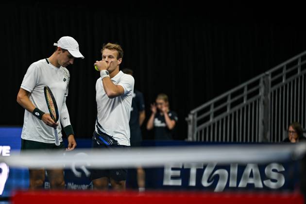 Michael Geerts of Belgium, Joran Vliegen of Belgium pictured during the European Open ATP, Tennis Herren tennis tournament in Brussels, on 21 October. This year s edition of the tournament is taking place from 17 to 25 October DAVIDxPINTENS  x190499687x