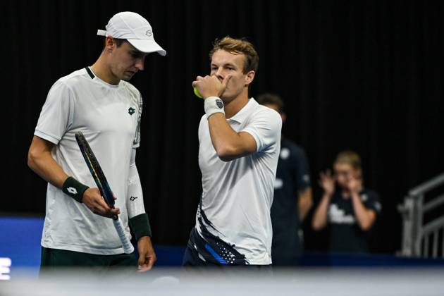 Michael Geerts of Belgium, Joran Vliegen of Belgium pictured during the European Open ATP, Tennis Herren tennis tournament in Brussels, on 21 October. This year s edition of the tournament is taking place from 17 to 25 October DAVIDxPINTENS  x190499694x