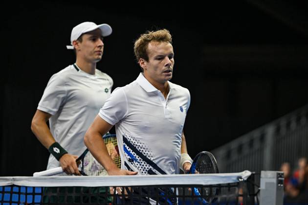 Michael Geerts of Belgium, Joran Vliegen of Belgium pictured during the European Open ATP, Tennis Herren tennis tournament in Brussels, on 21 October. This year s edition of the tournament is taking place from 17 to 25 October DAVIDxPINTENS  x190499725x