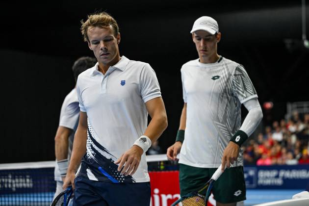 Michael Geerts of Belgium, Joran Vliegen of Belgium pictured during the European Open ATP, Tennis Herren tennis tournament in Brussels, on 21 October. This year s edition of the tournament is taking place from 17 to 25 October DAVIDxPINTENS  x190499734x