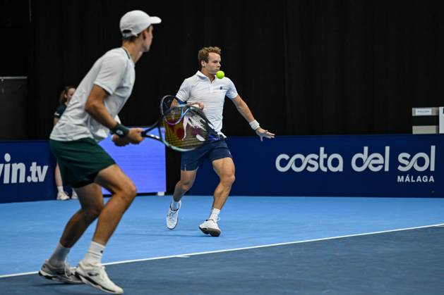 Michael Geerts of Belgium, Joran Vliegen of Belgium pictured in action during the European Open ATP, Tennis Herren tennis tournament in Brussels, on 21 October. This year s edition of the tournament is taking place from 17 to 25 October DAVIDxPINTENS  x190499762x