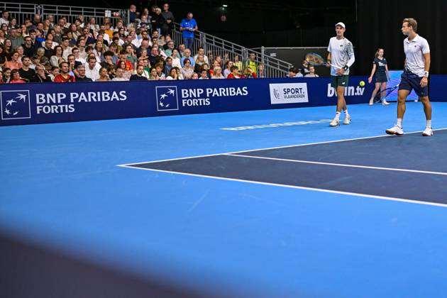 Michael Geerts of Belgium, Joran Vliegen of Belgium pictured in action during the European Open ATP, Tennis Herren tennis tournament in Brussels, on 21 October. This year s edition of the tournament is taking place from 17 to 25 October DAVIDxPINTENS  x190499767x