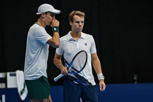 Michael Geerts of Belgium, Joran Vliegen of Belgium pictured in action during the European Open ATP, Tennis Herren tennis tournament in Brussels, on 21 October. This year s edition of the tournament is taking place from 17 to 25 October DAVIDxPINTENS  x190499851x