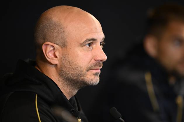 FC Midtjylland v Sint-Truidense VV - UEFA Conference League Media Activities 21 10 2026 HERNING, DENMARK - OCTOBER 21 : De Meyer Frederic head coach of Sint-Truidense VV speaking with the media during a pre-match press conference, PK, Pressekonferenz ahead of the UEFA Conference League 2026 27 League Phase matchday 2 match between FC Midtjylland and Sint-Truidense VV on October 21, 2026 in Herning, Denmark, 21 10 2026 Herning Denmark  Copyright: xTomasxSiskx
