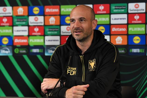 STVV s head coach Frederic De Meyer pictured during a press conference, PK, Pressekonferenz of Belgian soccer team Sint-Truidense VV, Wednesday 21 October 2026 in Herning, Denmark, in preparation of tomorrow s game against Danish FC Midtjylland on the second day of the UEFA Conference League league phase. JILLxDELSAUX  x190514527x