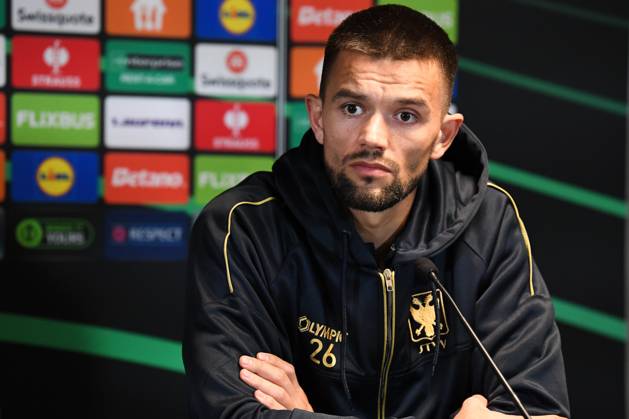 STVV s Visar Musliu pictured during a press conference, PK, Pressekonferenz of Belgian soccer team Sint-Truidense VV, Wednesday 21 October 2026 in Herning, Denmark, in preparation of tomorrow s game against Danish FC Midtjylland on the second day of the UEFA Conference League league phase. JILLxDELSAUX  x190514644x